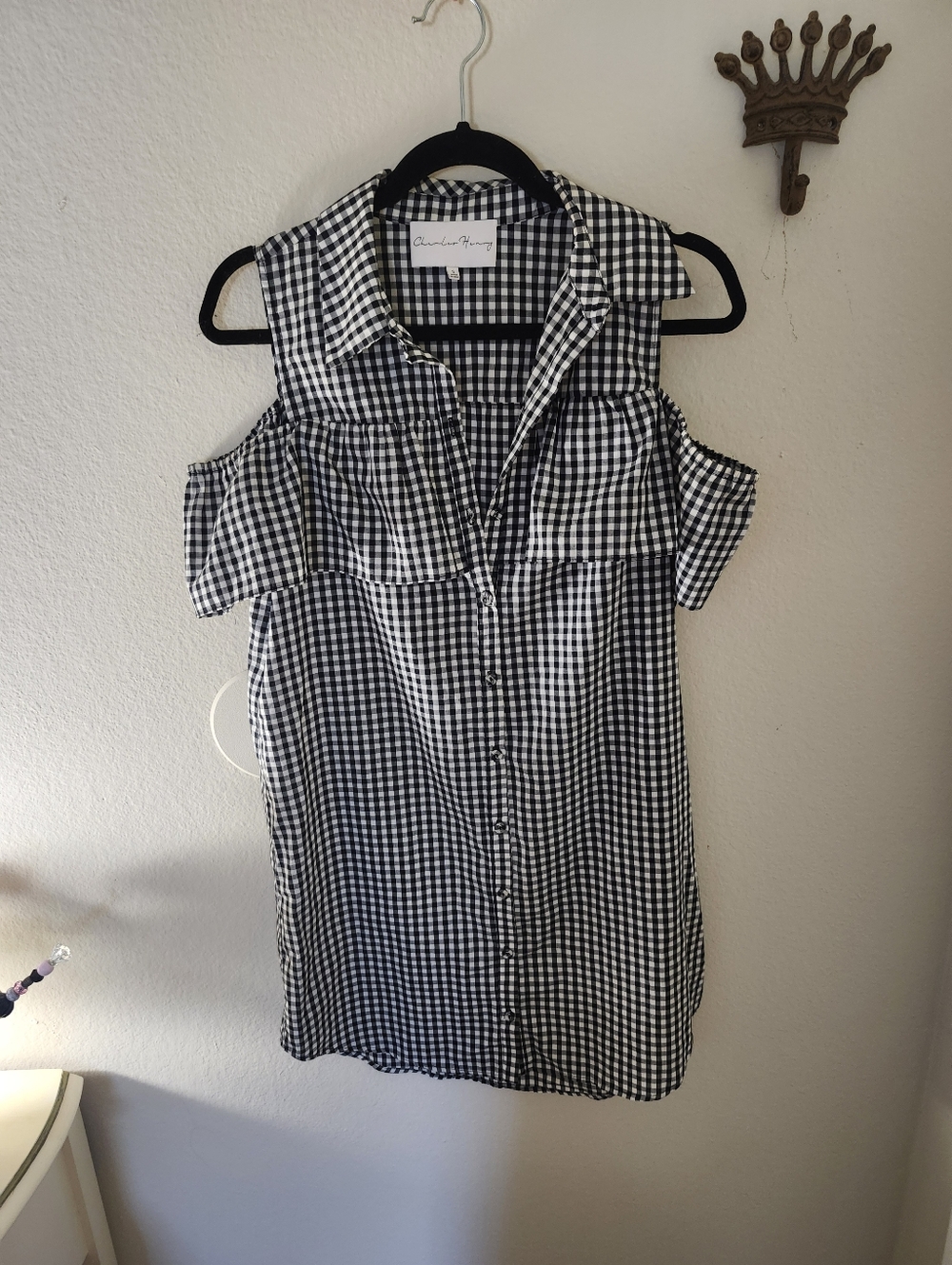 Black White Gingham Cold-Shoulder Button Front Dress